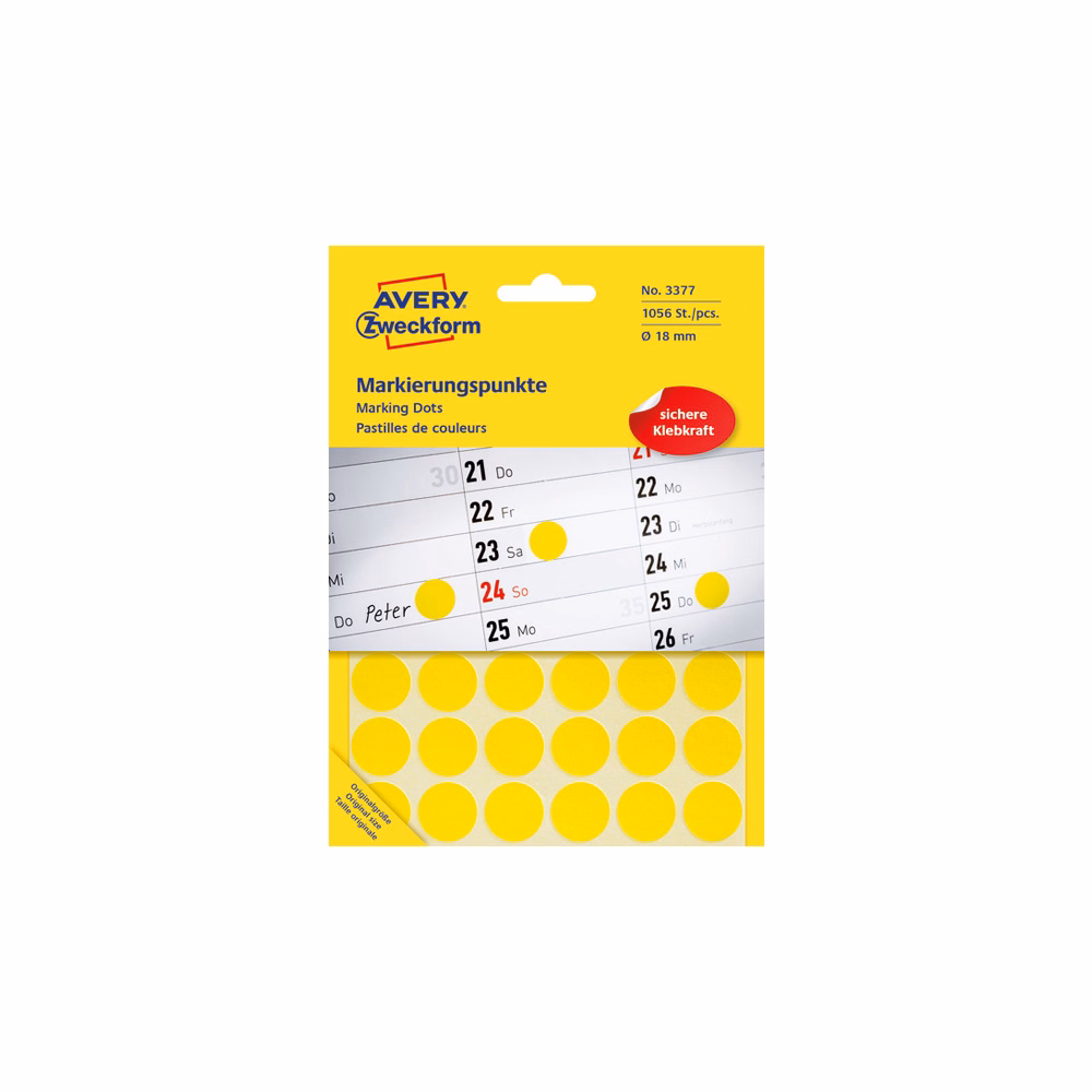 Etikett AVERY 3377 öntapadó jelölőpont sárga 18mm 1056 jelölőpont/csomag