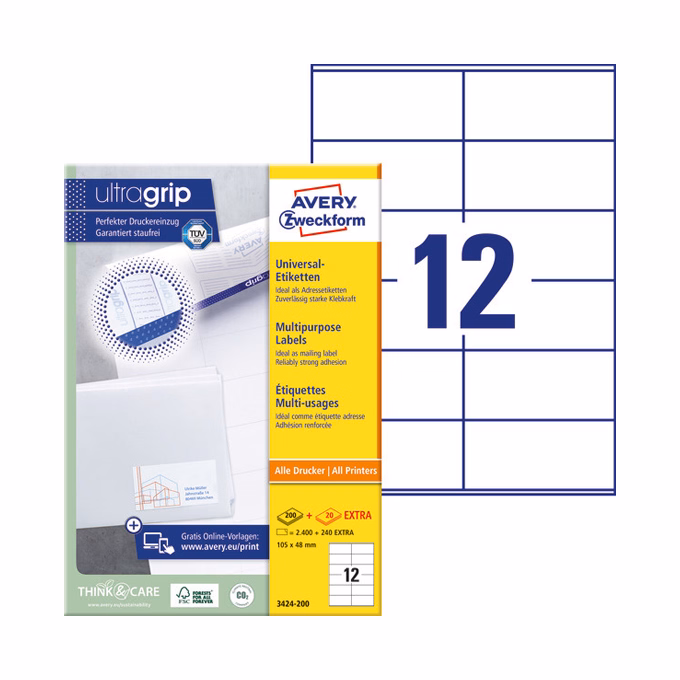 Etikett AVERY 3424-200 105x48 mm univerzális fehér 2640 címke/doboz 200+20 ív/doboz