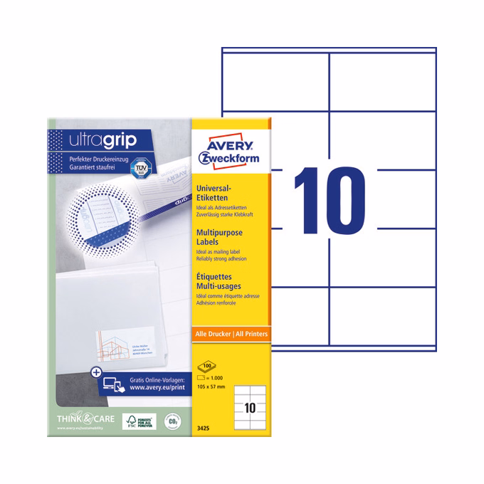 Etikett AVERY 3425 105x57mm univerzális 1000 címke/doboz 100 ív/doboz
