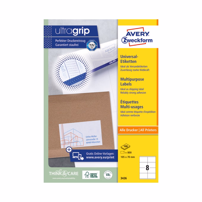 Etikett AVERY 3426 105x70 mm fehér univerzális 800 címke/doboz 100 ív/doboz
