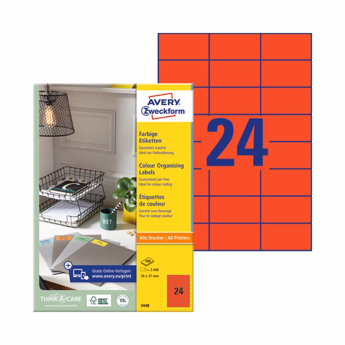 Etikett AVERY 3448 70x37mm univerzális piros 2400 címke/doboz 100 ív/doboz