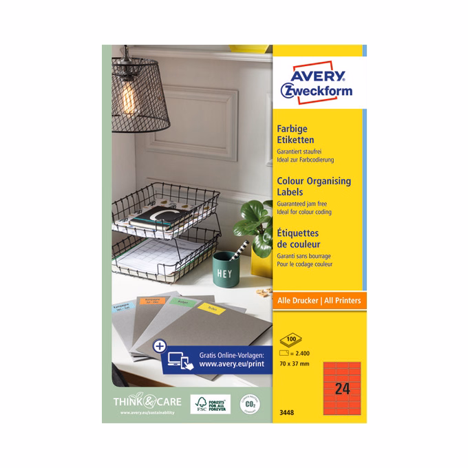 Etikett AVERY 3448 70x37mm univerzális piros 2400 címke/doboz 100 ív/doboz
