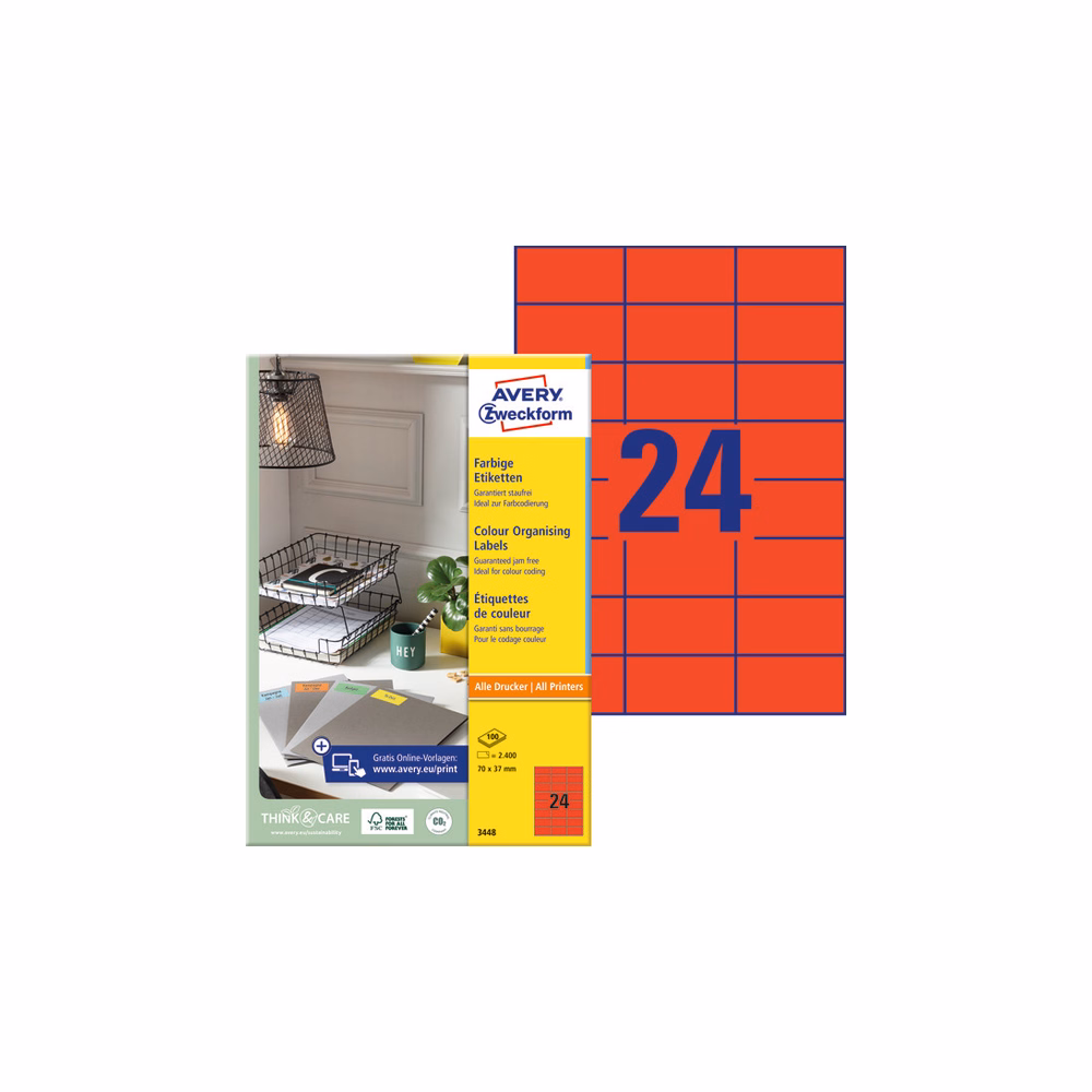 Etikett AVERY 3448 70x37mm univerzális piros 2400 címke/doboz 100 ív/doboz