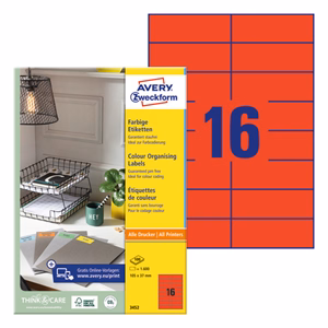 Etikett AVERY 3452 105x37mm univerzális piros 1600 címke/doboz 100 ív/doboz
