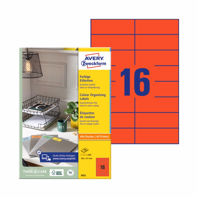 Etikett AVERY 3452 105x37mm univerzális piros 1600 címke/doboz 100 ív/doboz