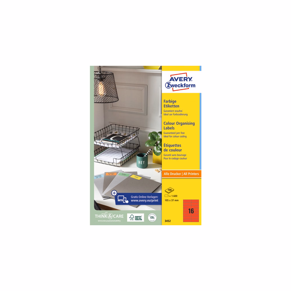 Etikett AVERY 3452 105x37mm univerzális piros 1600 címke/doboz 100 ív/doboz