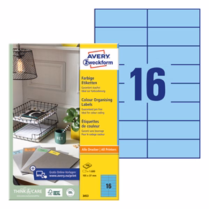 Etikett AVERY 3453 105x37mm univerzális kék 1600 címke/doboz 100 ív/doboz