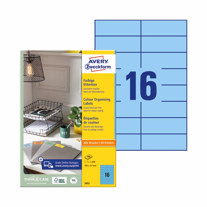 Etikett AVERY 3453 105x37mm univerzális kék 1600 címke/doboz 100 ív/doboz