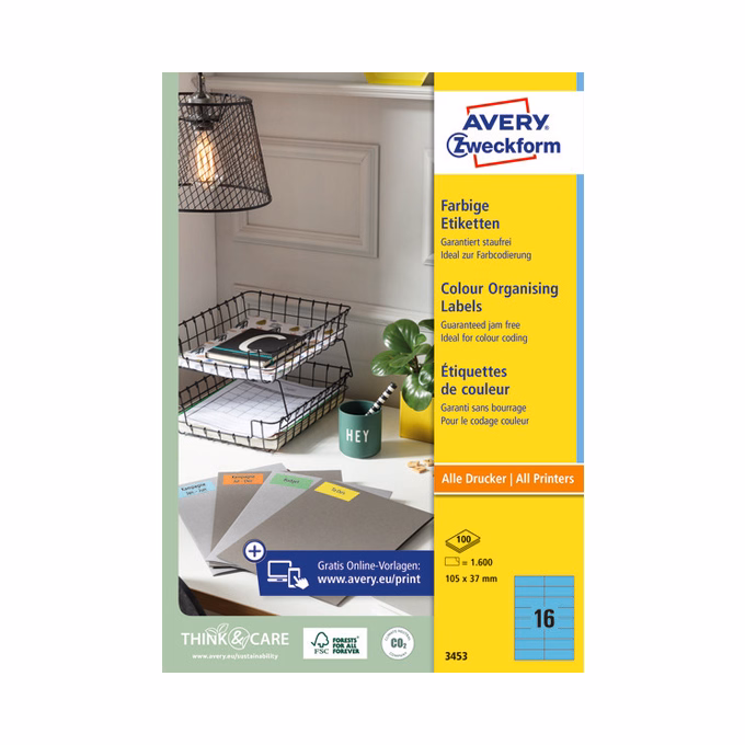 Etikett AVERY 3453 105x37mm univerzális kék 1600 címke/doboz 100 ív/doboz