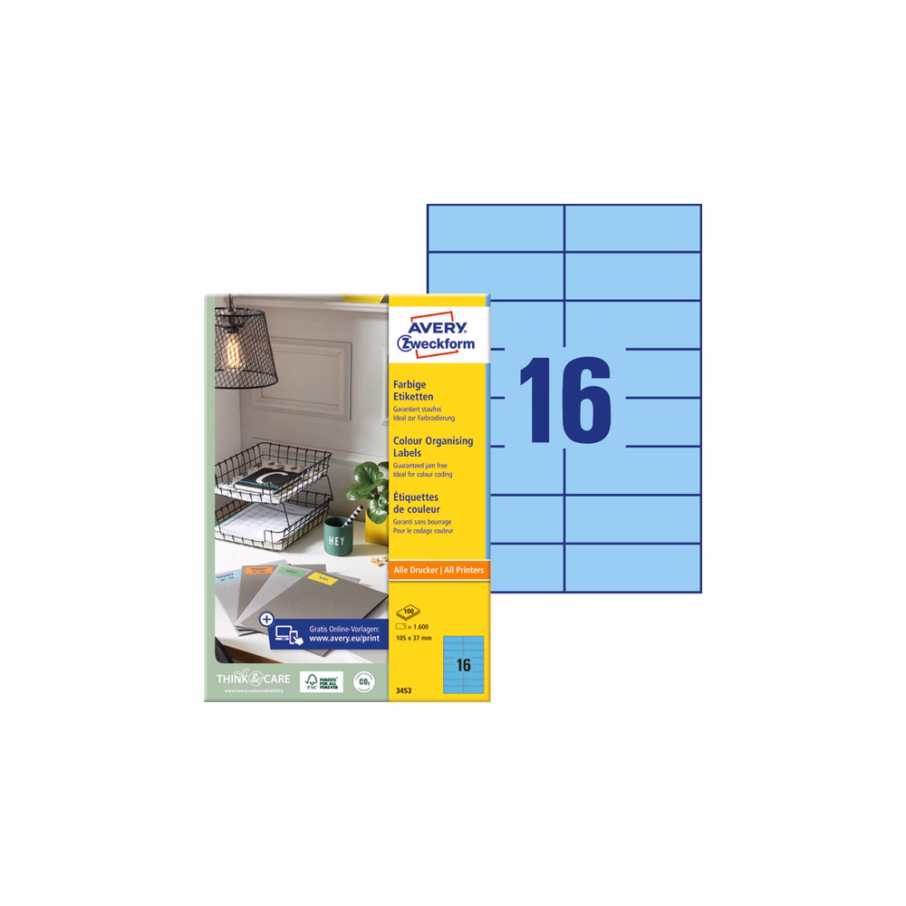 Etikett AVERY 3453 105x37mm univerzális kék 1600 címke/doboz 100 ív/doboz
