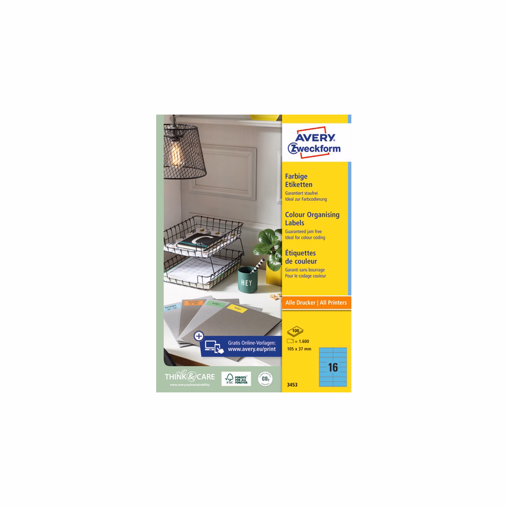 Etikett AVERY 3453 105x37mm univerzális kék 1600 címke/doboz 100 ív/doboz