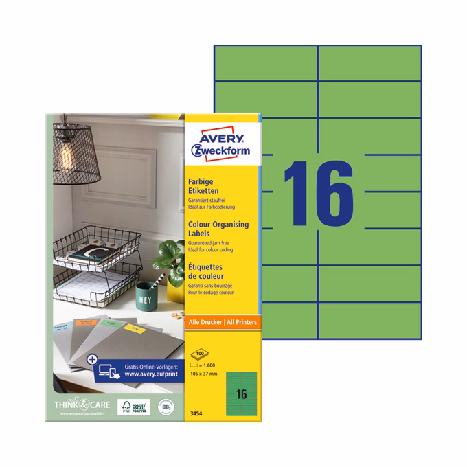 Etikett AVERY 3454 105x37mm univerzális zöld 1600 címke/doboz 100 ív/doboz