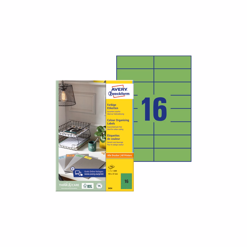 Etikett AVERY 3454 105x37mm univerzális zöld 1600 címke/doboz 100 ív/doboz
