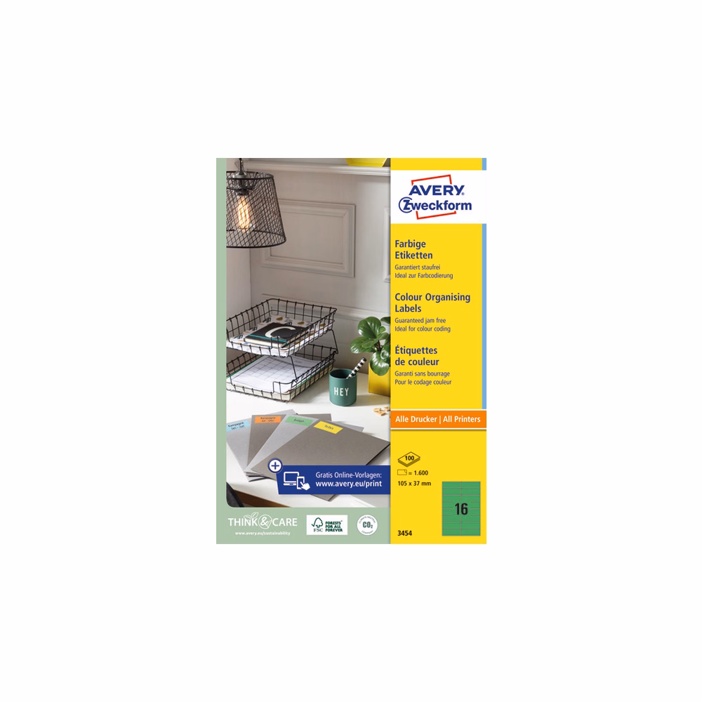 Etikett AVERY 3454 105x37mm univerzális zöld 1600 címke/doboz 100 ív/doboz