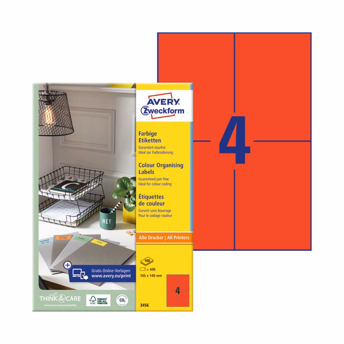 Etikett AVERY 3456 105x148mm univerzális piros 400 címke/doboz 100 ív/doboz