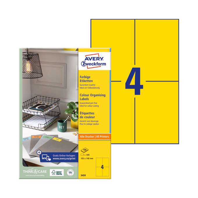 Etikett AVERY 3459 105x148mm univerzális sárga 400 címke/doboz 100 ív/doboz