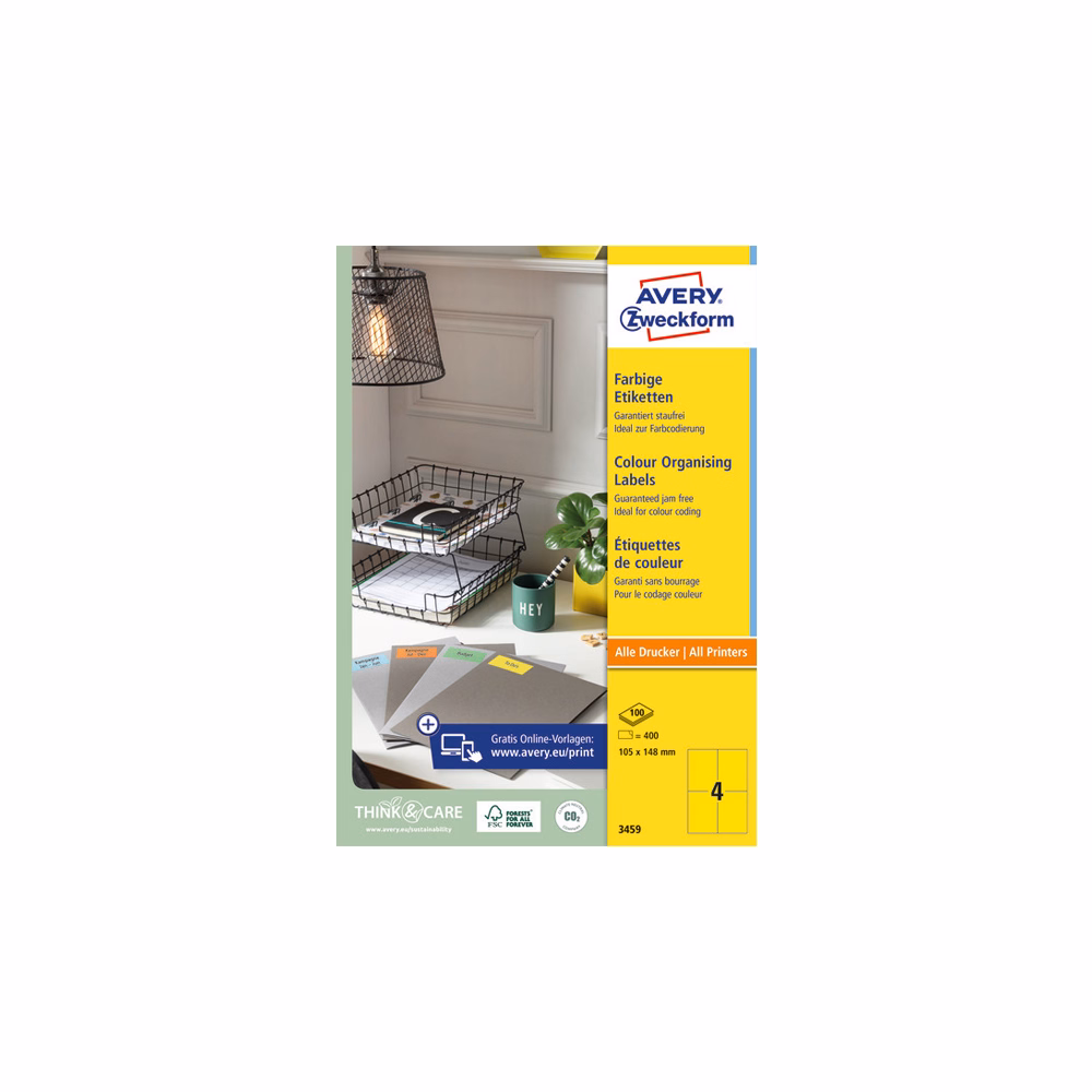 Etikett AVERY 3459 105x148mm univerzális sárga 400 címke/doboz 100 ív/doboz