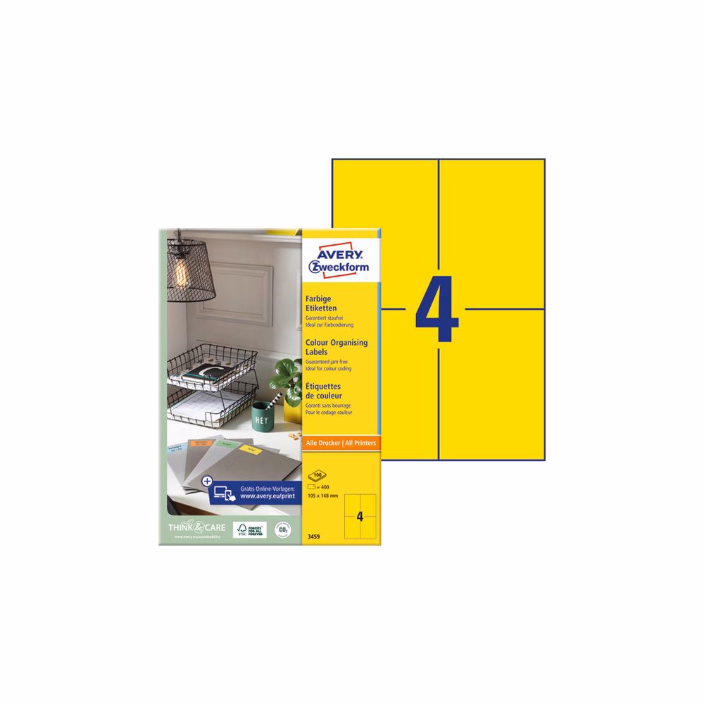 Etikett AVERY 3459 105x148mm univerzális sárga 400 címke/doboz 100 ív/doboz