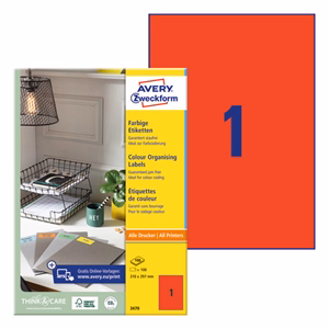 Etikett AVERY 3470 210x297 mm piros univerzális 100 címke/doboz 100 ív/doboz