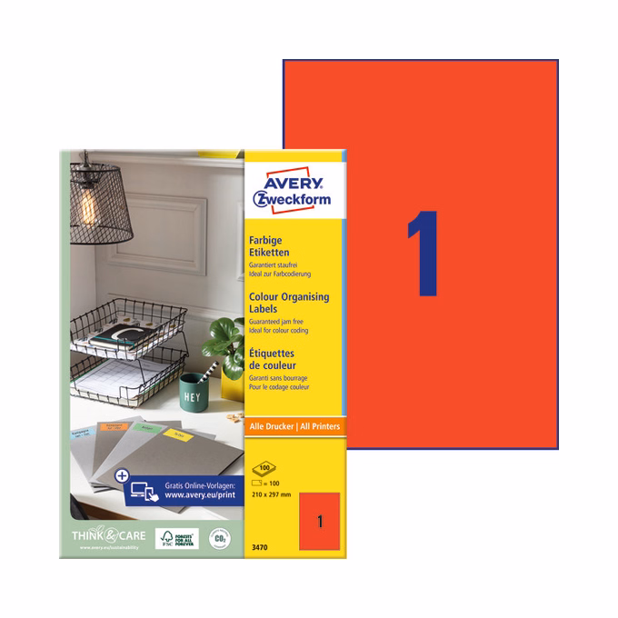 Etikett AVERY 3470 210x297 mm piros univerzális 100 címke/doboz 100 ív/doboz