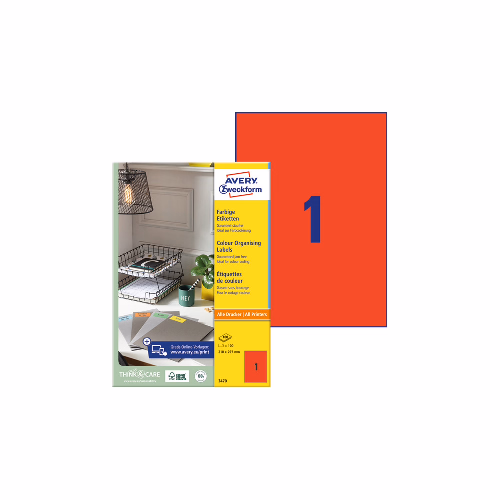 Etikett AVERY 3470 210x297 mm piros univerzális 100 címke/doboz 100 ív/doboz