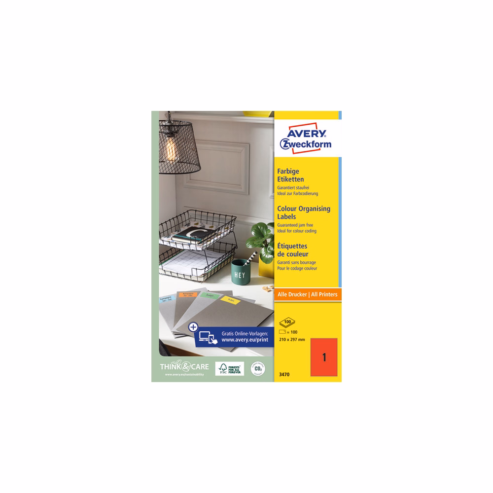 Etikett AVERY 3470 210x297 mm piros univerzális 100 címke/doboz 100 ív/doboz