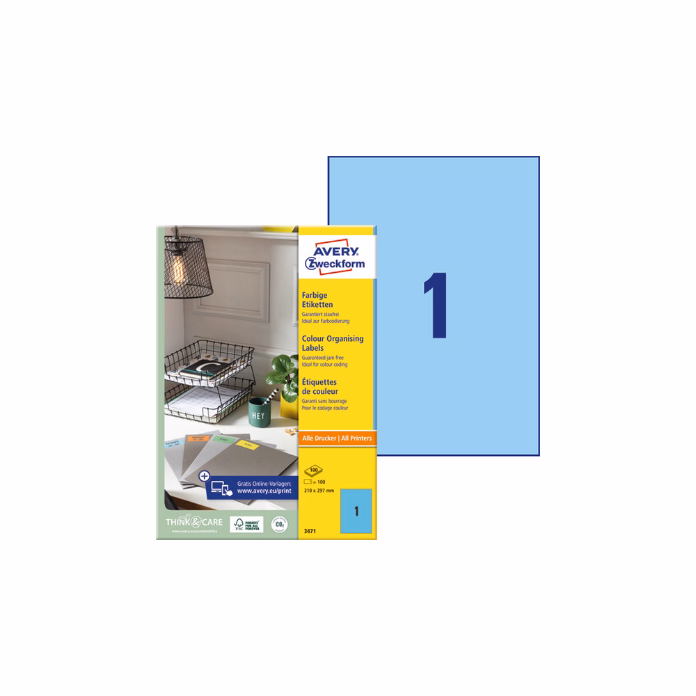 Etikett AVERY 3471 210x297 mm kék univerzális 100 címke/doboz 100 ív/doboz