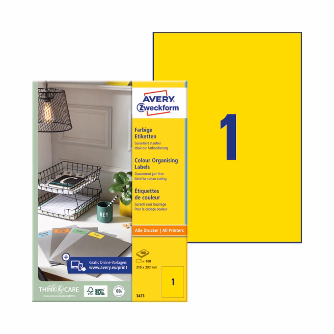 Etikett AVERY 3473 210x297 mm sárga  univerzális 100 címke/doboz 100 ív/doboz