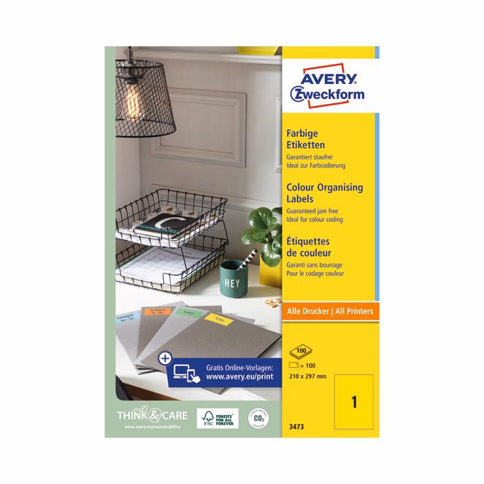 Etikett AVERY 3473 210x297 mm sárga  univerzális 100 címke/doboz 100 ív/doboz