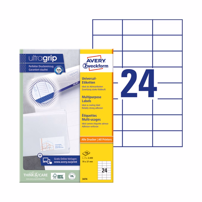 Etikett AVERY 3474 70x37mm univerzális 2400 címke/doboz 100 ív/doboz
