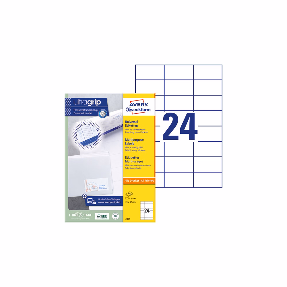 Etikett AVERY 3474 70x37mm univerzális 2400 címke/doboz 100 ív/doboz
