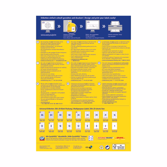 Etikett AVERY 3475-200 70x36 mm univerzális fehér 5280 címke/doboz 200+20 ív/doboz
