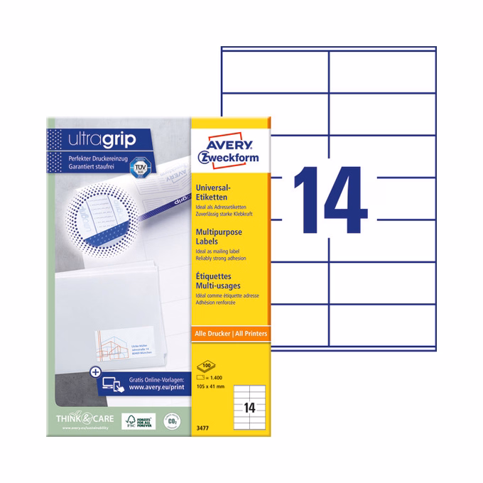 Etikett AVERY 3477 105x41 mm fehér univerzális 1400 címke/doboz 100 ív/doboz