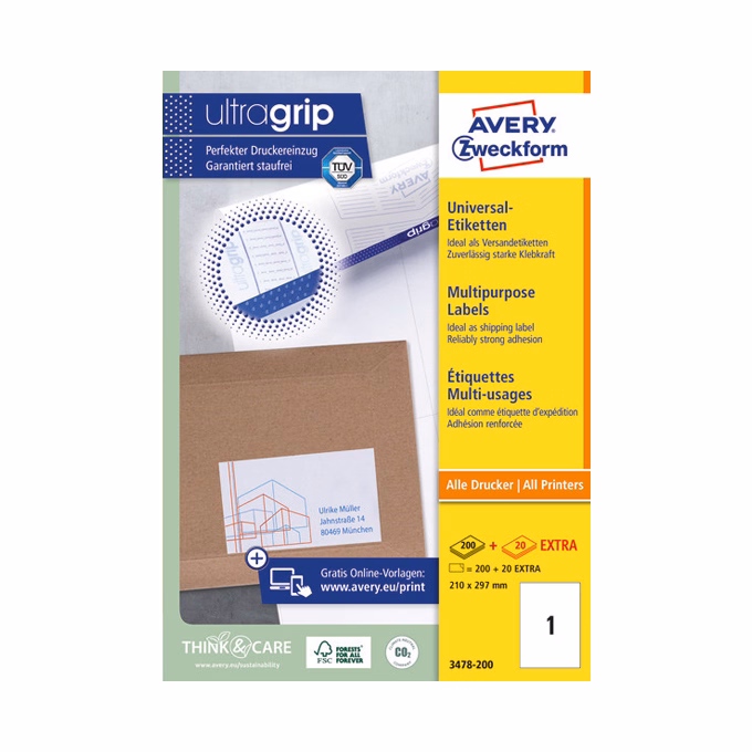 Etikett AVERY 3478-200 210x297 mm fehér univerzális 220 címke/ doboz 200+20 ív/doboz