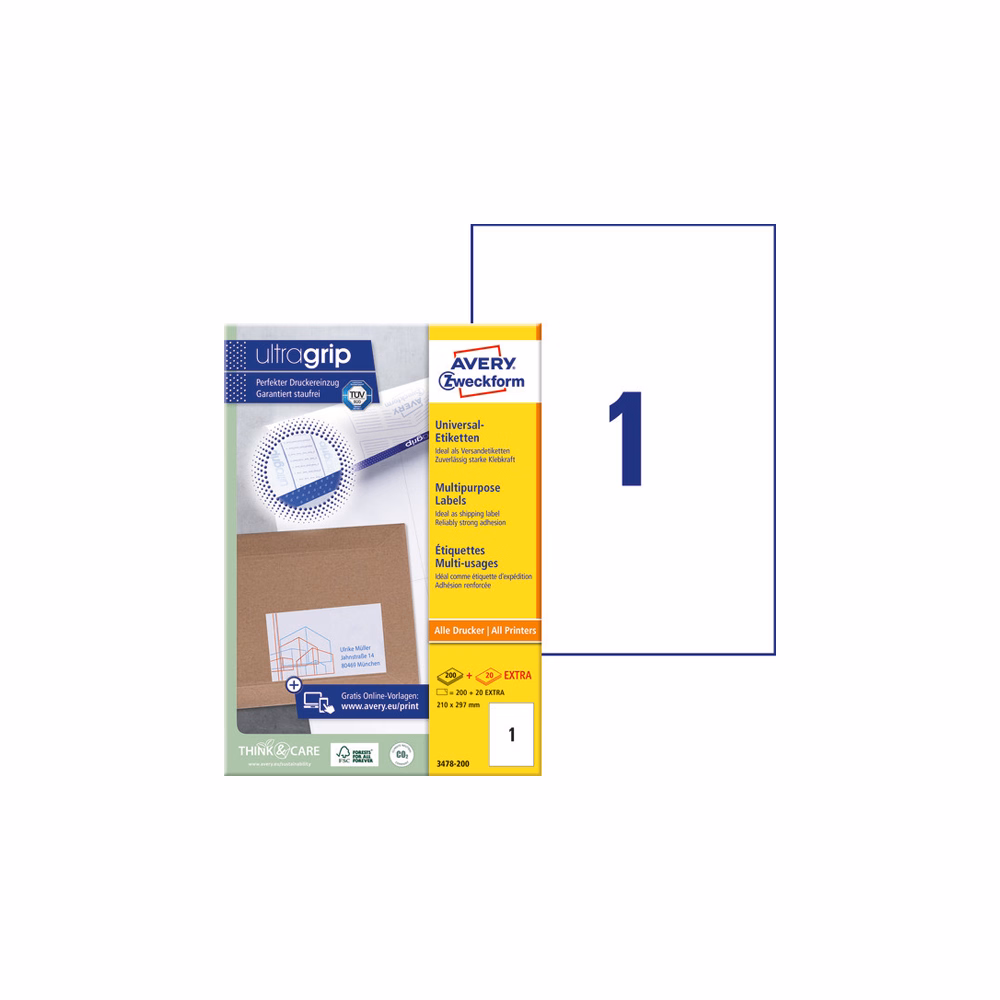 Etikett AVERY 3478-200 210x297 mm fehér univerzális 220 címke/ doboz 200+20 ív/doboz