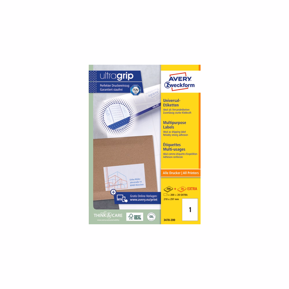 Etikett AVERY 3478-200 210x297 mm fehér univerzális 220 címke/ doboz 200+20 ív/doboz