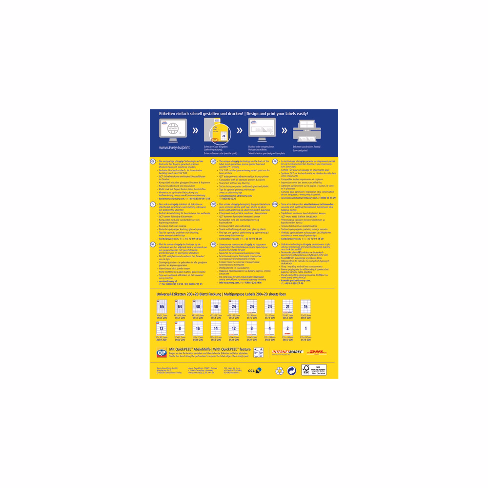 Etikett AVERY 3478-200 210x297 mm fehér univerzális 220 címke/ doboz 200+20 ív/doboz