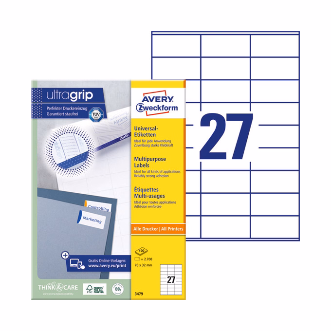 Etikett AVERY 3479 70x32 mm fehér univerzális 2700 címke/doboz 100 ív/doboz
