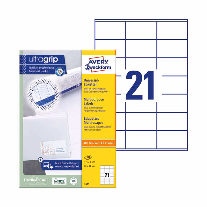 Etikett AVERY 3481 70x41mm univerzális fehér 2100 címke/doboz 100 ív/doboz