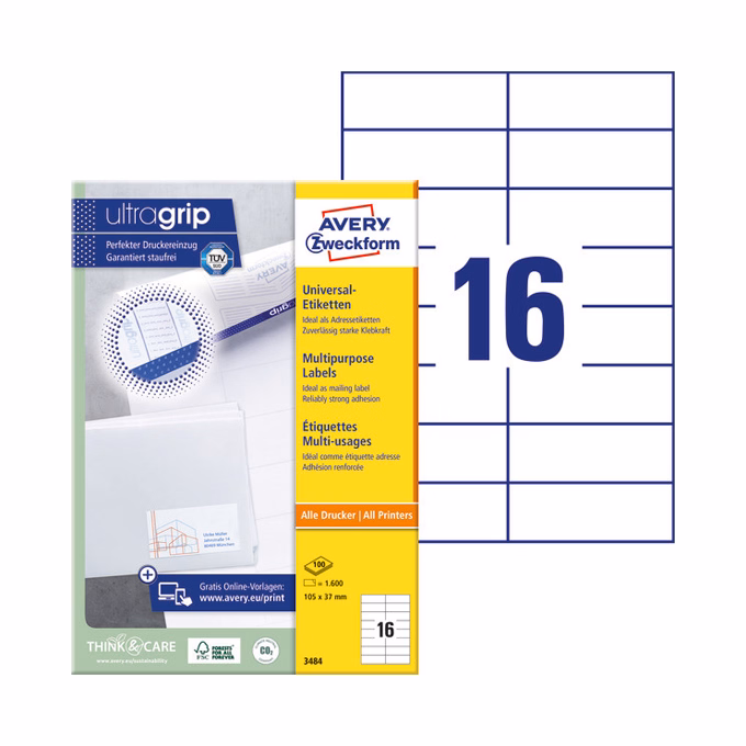 Etikett AVERY 3484 105x37mm univerzális 1600 címke/doboz 100 ív/doboz