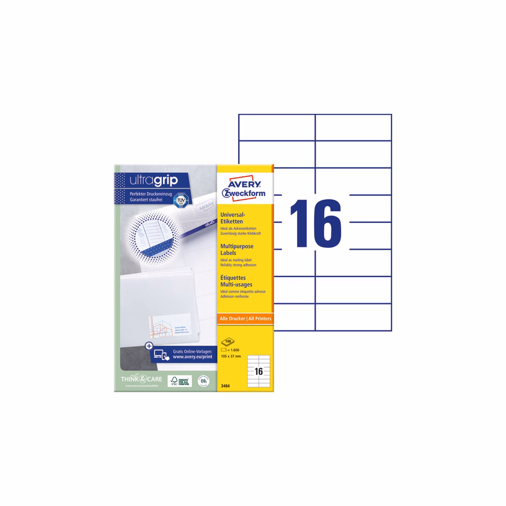 Etikett AVERY 3484 105x37mm univerzális 1600 címke/doboz 100 ív/doboz