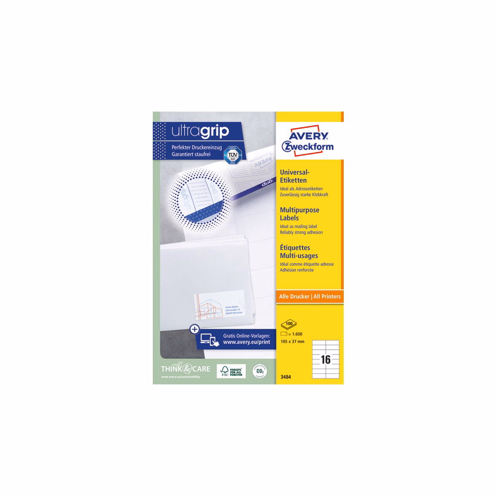 Etikett AVERY 3484 105x37mm univerzális 1600 címke/doboz 100 ív/doboz