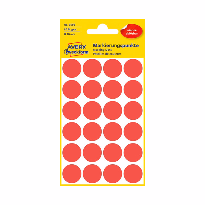 Etikett AVERY 3595 öntapadó jelölőpont piros 18mm 96 jelölőpont/csomag