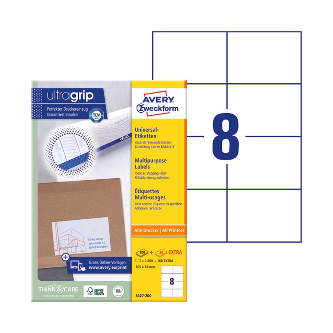Etikett AVERY 3627-200 105x74 mm fehér univerzális 1760 címke/doboz 200+20 ív/doboz