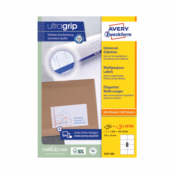 Etikett AVERY 3627-200 105x74 mm fehér univerzális 1760 címke/doboz 200+20 ív/doboz