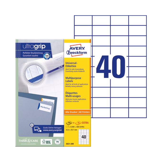 Etikett AVERY 3651-200 52,5x29,7 mm fehér univerzális 8800 címke/doboz 200+20 ív/doboz