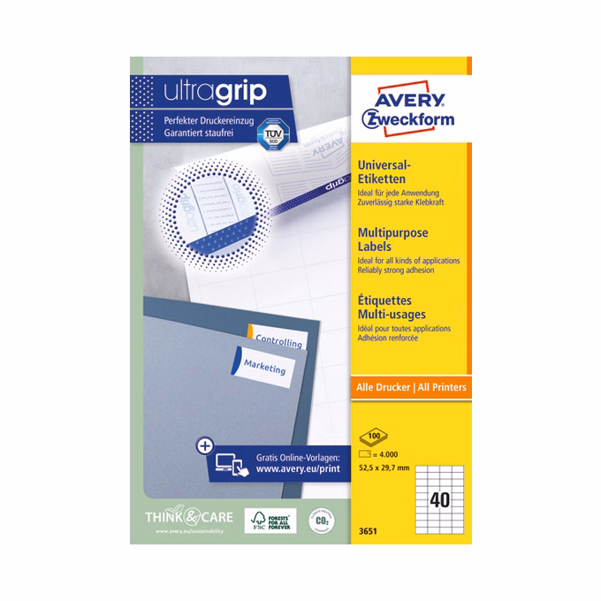 Etikett AVERY 3651 52,5x29,7mm univerzális fehér 4000 címke/doboz 100 ív/doboz