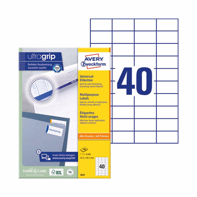 Etikett AVERY 3651 52,5x29,7mm univerzális fehér 4000 címke/doboz 100 ív/doboz