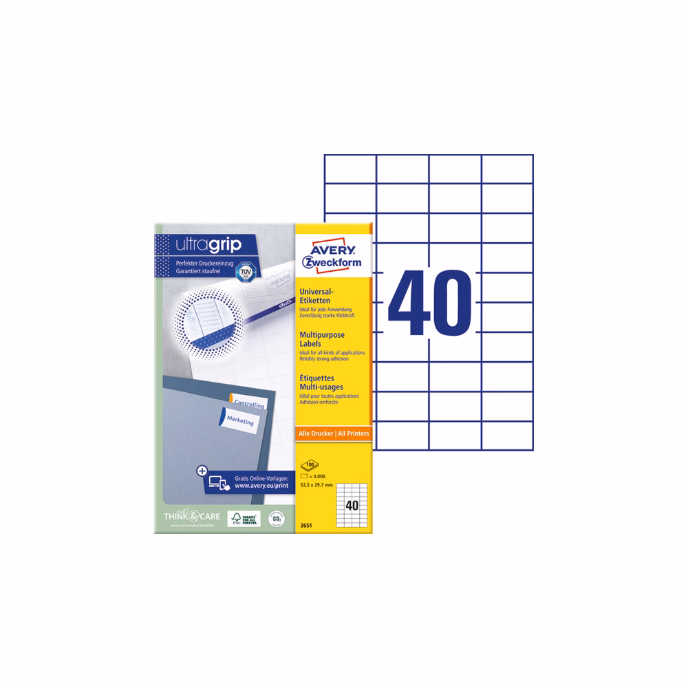 Etikett AVERY 3651 52,5x29,7mm univerzális fehér 4000 címke/doboz 100 ív/doboz
