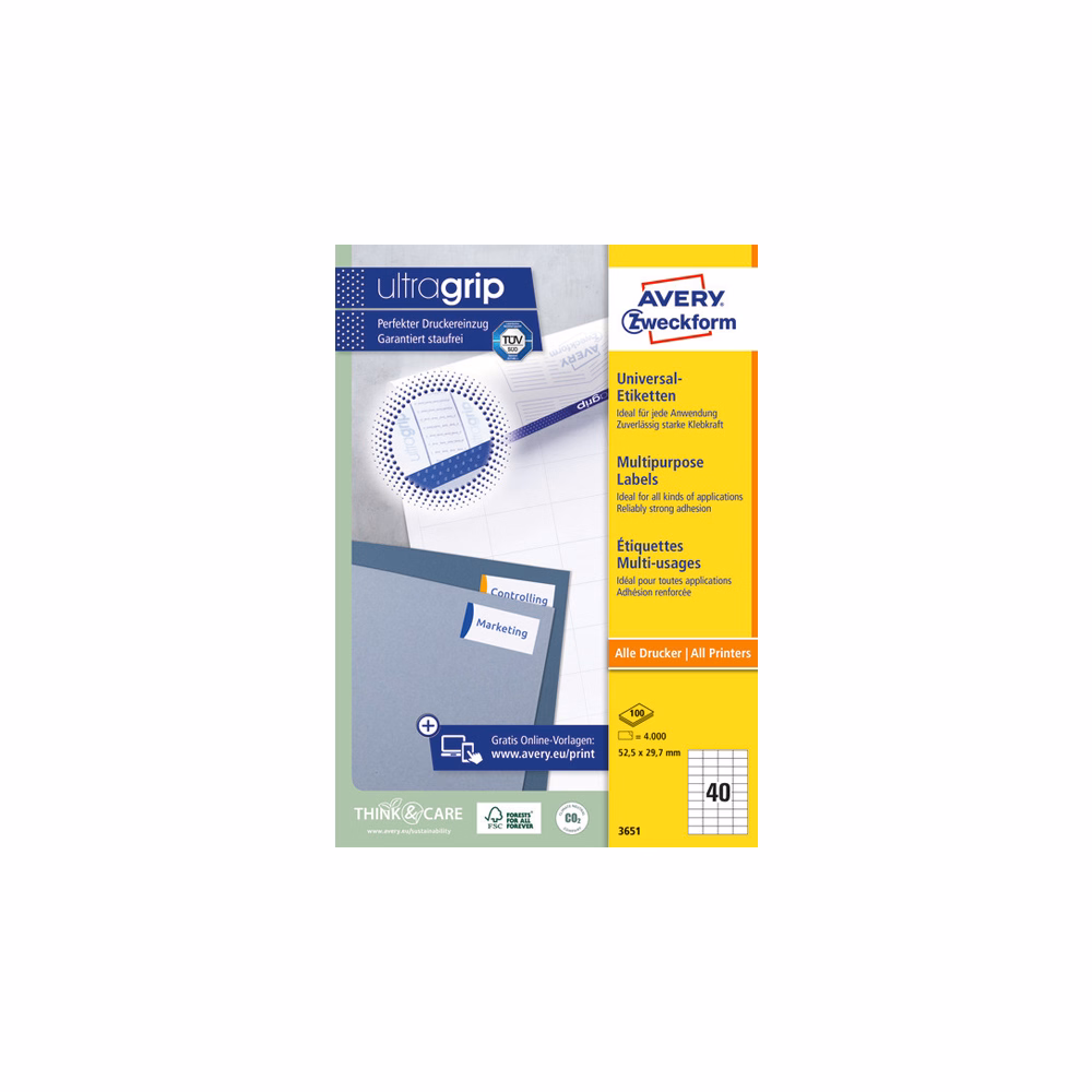 Etikett AVERY 3651 52,5x29,7mm univerzális fehér 4000 címke/doboz 100 ív/doboz
